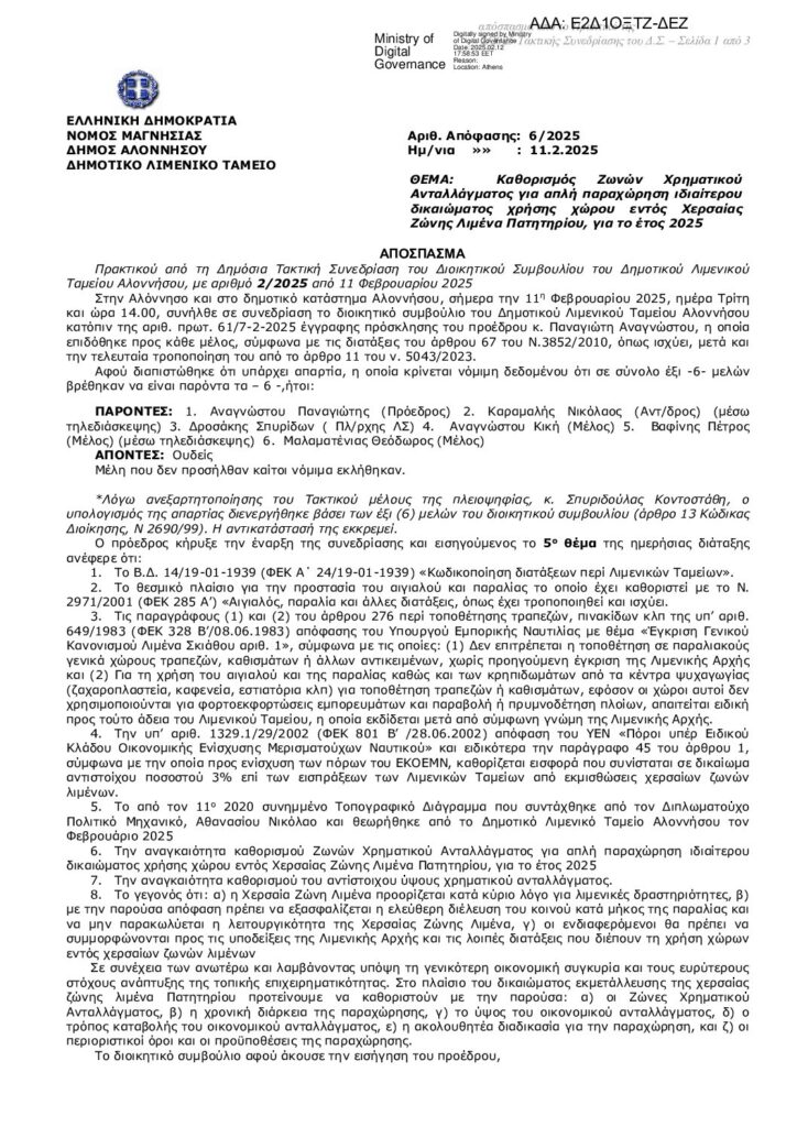 Καθορισμός Ζωνών Χρηματικού Ανταλλάγματος για απλή παραχώρηση ιδιαίτερου δικαιώματος χρήσης χώρου εντός Χερσαίας Ζώνης Λιμένα Πατητηρίου, για το έτος 2025