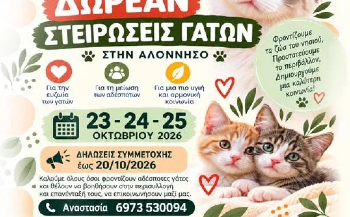 Δωρεάν στειρώσεις αδέσποτων γατών στην Αλόννησο
