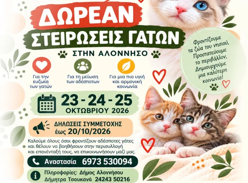 Δωρεάν στειρώσεις αδέσποτων γατών στην Αλόννησο